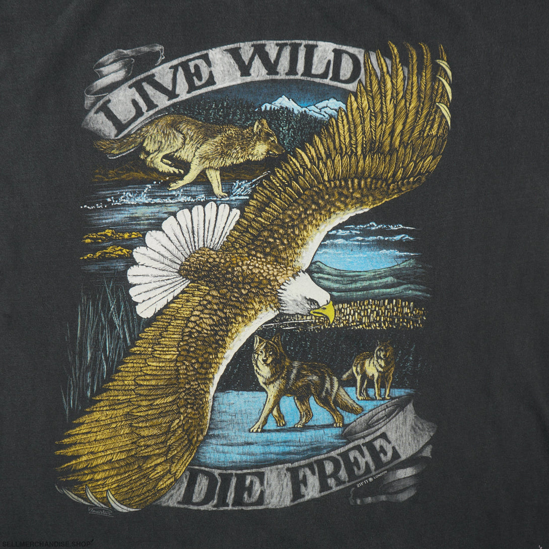 Vintage 1990s Live Wild Die Free Eagle T-Shirt