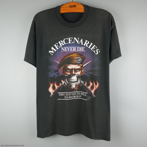 Vintage 1990s Mercenaries Never Die T-Shirt 3D Emblem
