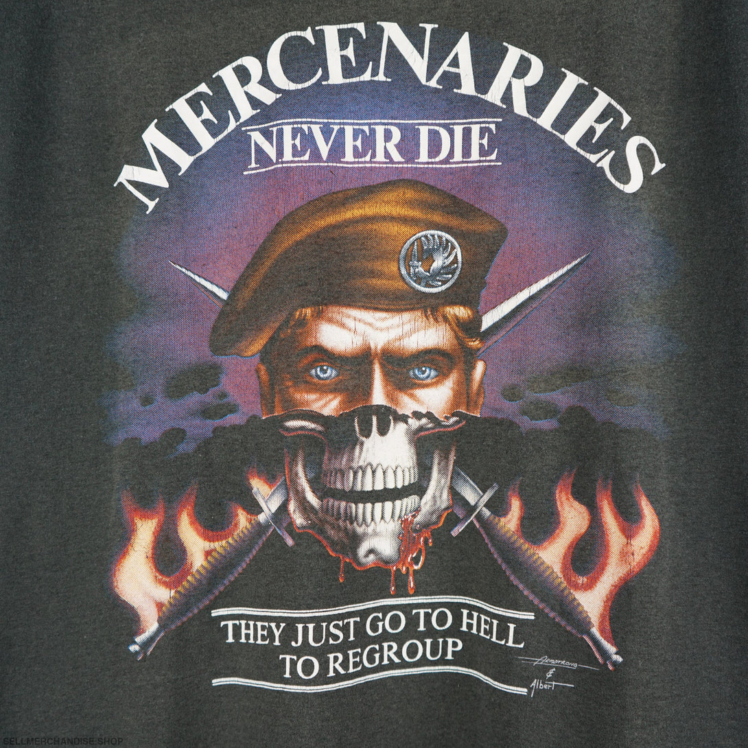 Vintage 1990s Mercenaries Never Die T-Shirt 3D Emblem